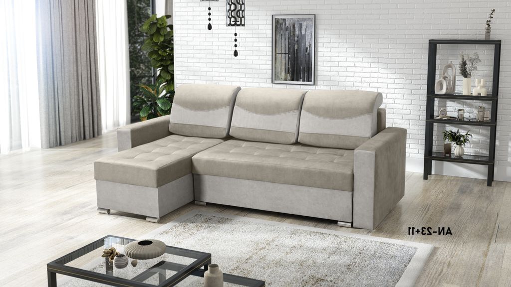 Ecksofa ARTUR mit Schlaffunktion und Bettkasten, L-Form - links - L-Couch, Farben: Grau/Beige