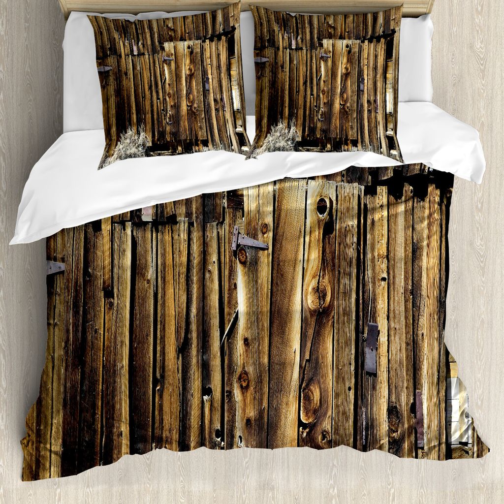 ABAKUHAUS Rustikal Bettbezug, Oak Barn Holz-Tür, Milbensicher Allergiker geeignet mit Kissenbezügen, 200 cm x 200 cm - 80 x 80 cm, Braun