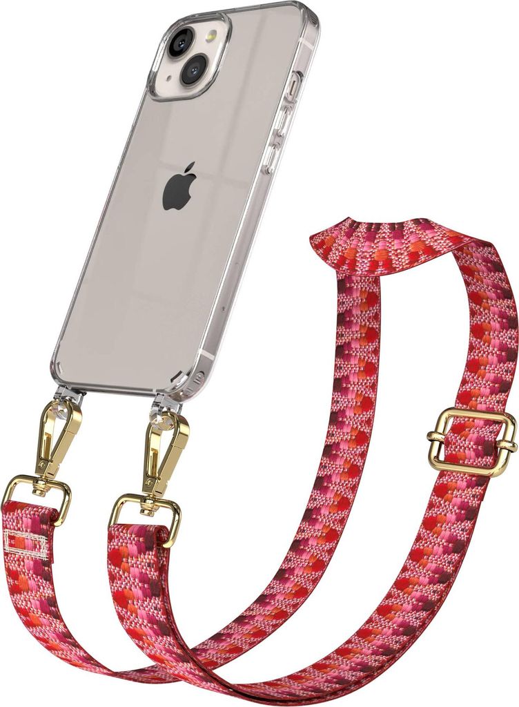 EAZY CASE Handykette - Verstellbarer Trageriemen kompatibel mit Apple iPhone 13, Handykordel mit transparenter Silikon-Hülle, Karabiner Gold, Zick...