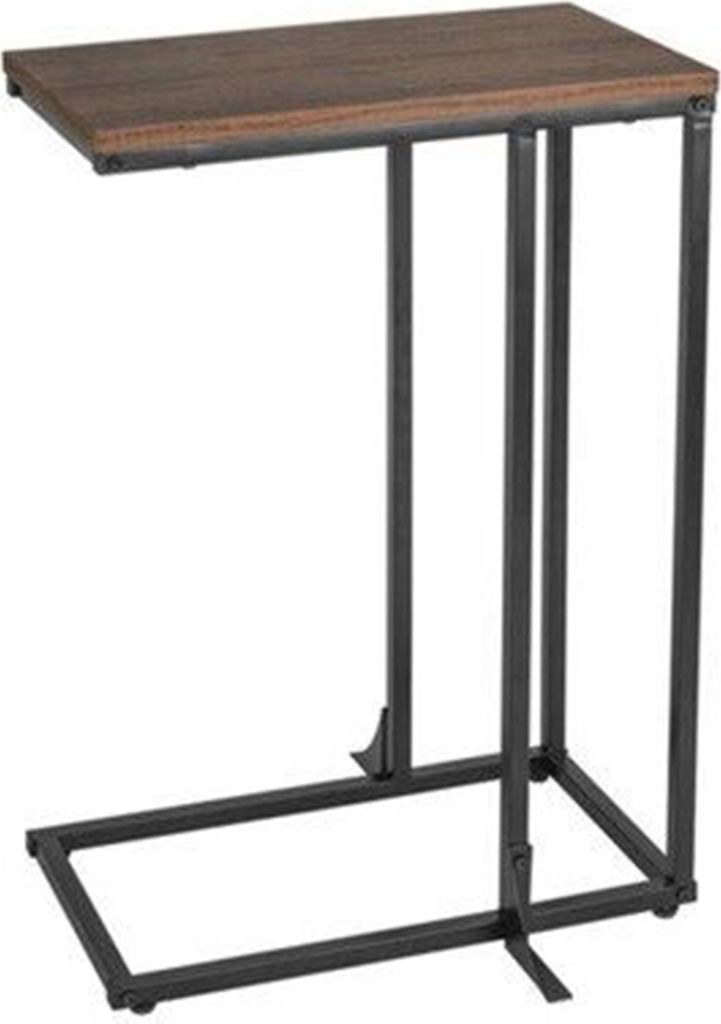 A c-shaped side table with a wooden top and black metal frame.