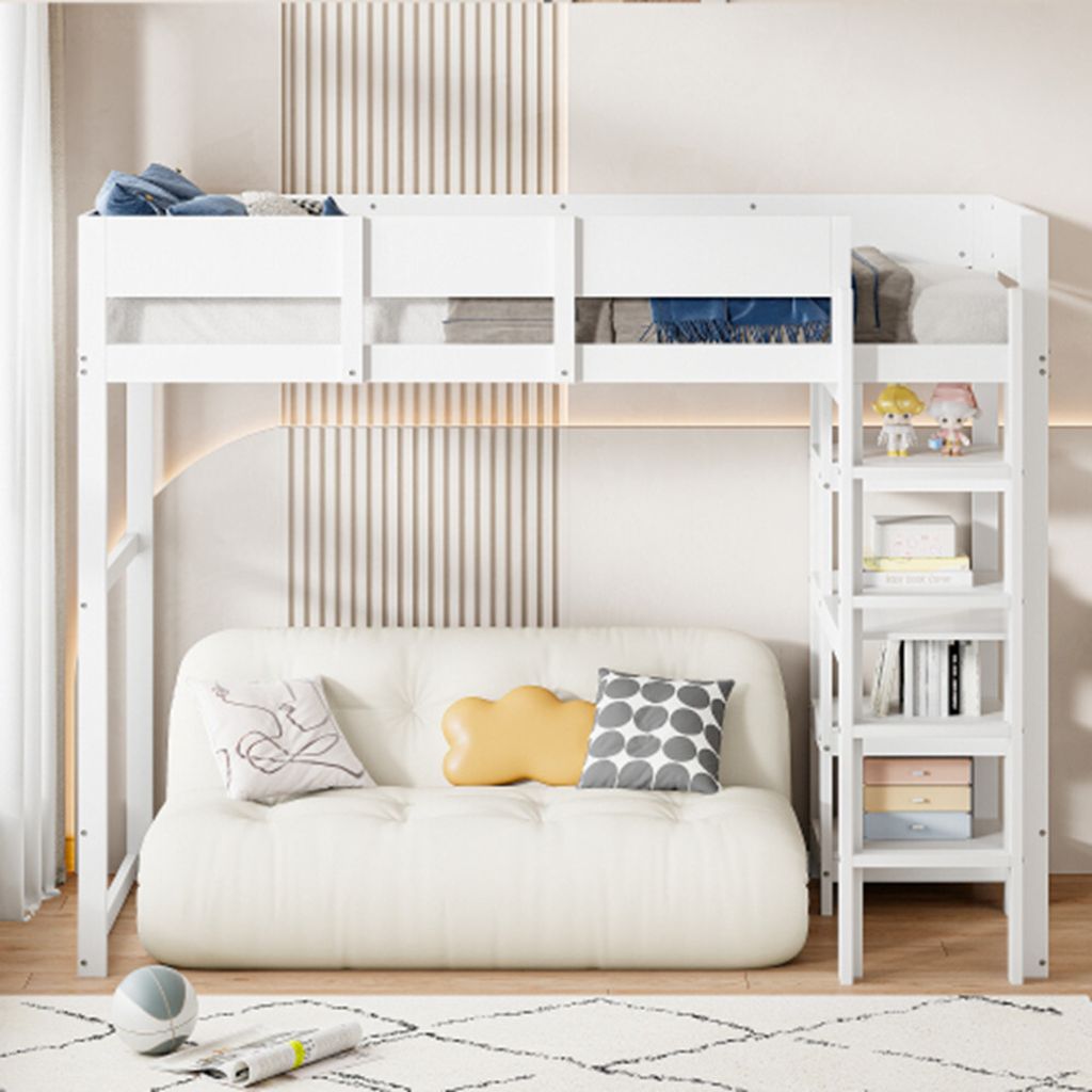 Kinderbett,Hochbett mit Ablage 90 x 200 cm, Bettgestell,Bett für Kinder und Jugendliche