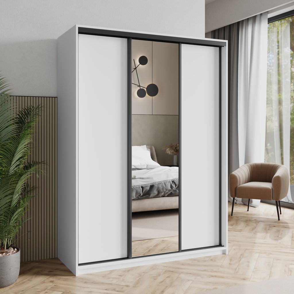 Masseno Schiebetürenschrank TAVI 150/205/60 cm Kleiderschrank mit Schubladen Schlafzimmer Schrank 3-türig mit Spiegel Weiß + Schwarz