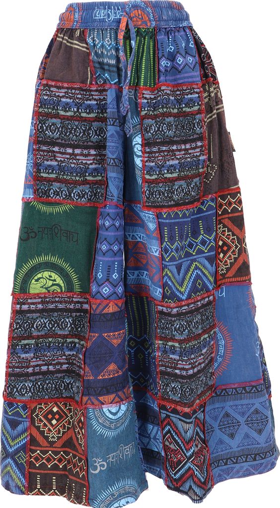 Bequeme Palazzohose, Weite Patchwork Marlenehose, Boho Schlaghose, Hosenrock - Blau/bunt, Damen, Baumwolle, Größe: M