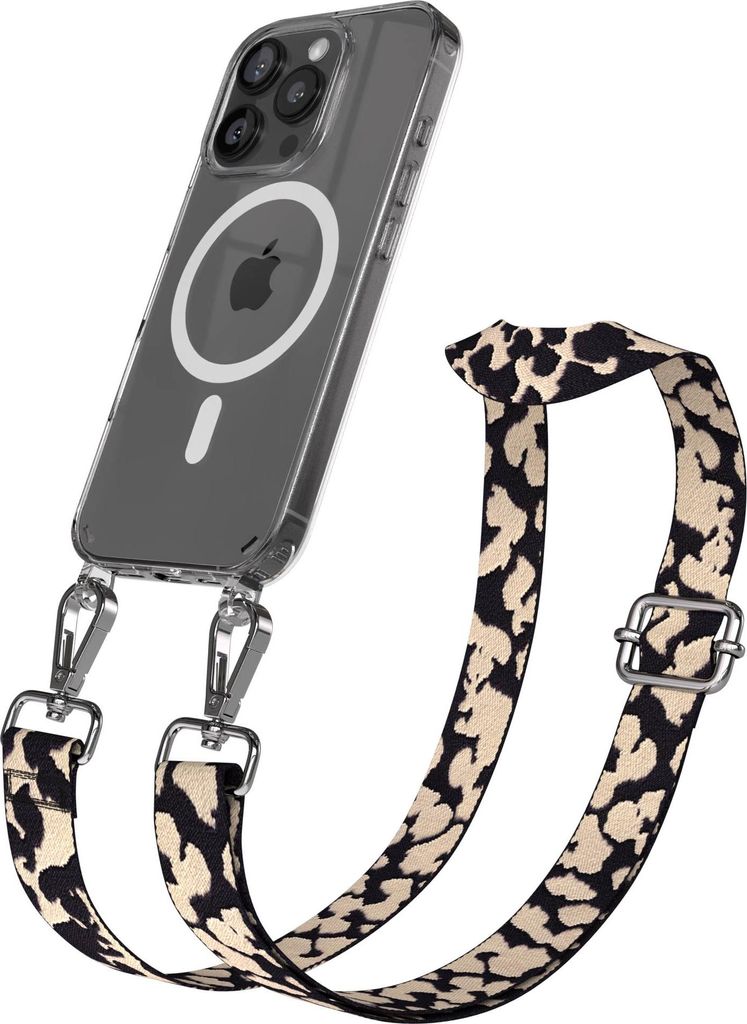 EAZY CASE - Handykette mit MagSafe Hülle für Apple iPhone 16 Pro, Handyband Camouflage Style, Karabiner Silber, Umhängeband in Natur