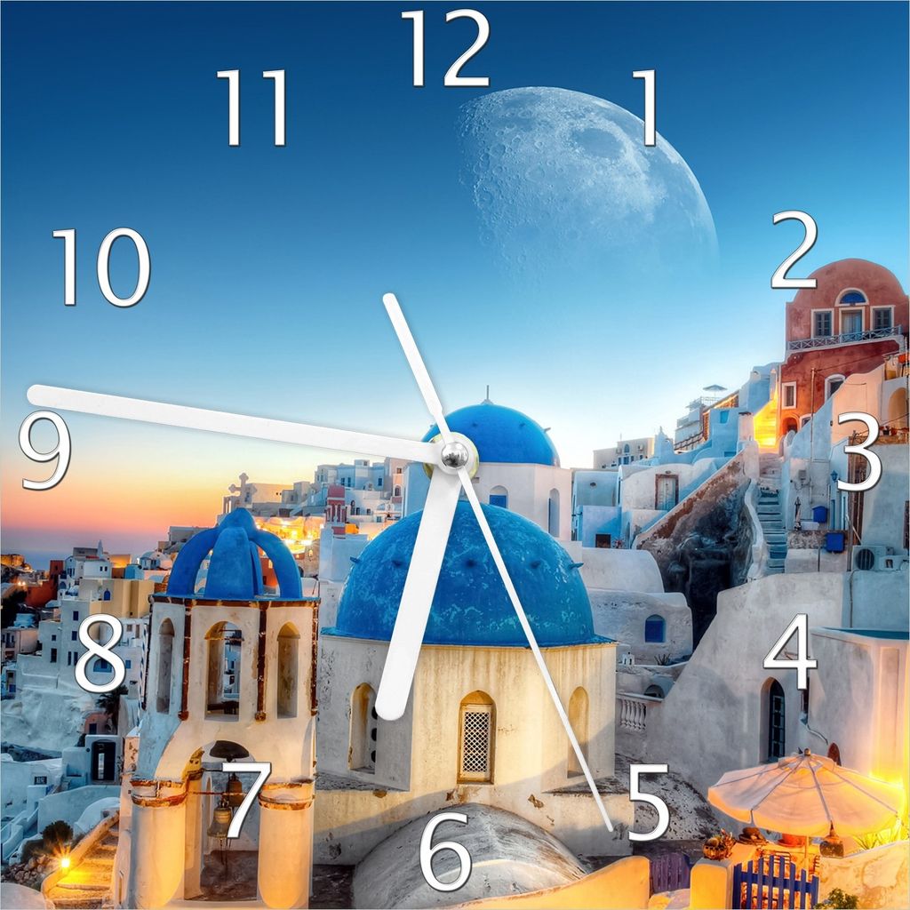 Wallario Design Wanduhr Urlaub auf Santorini aus Echtglas, Größe 20 x 20 cm