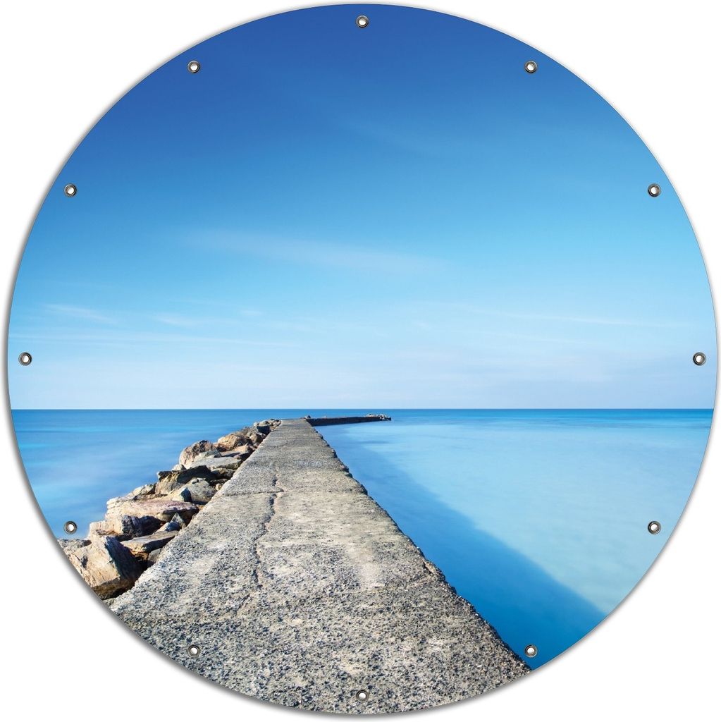 Wallario rundes Outdoor-Poster für Garten oder Balkon, Motiv Pier am blauen Ozean mit blauem Himmel, 120 cm Durchmesser