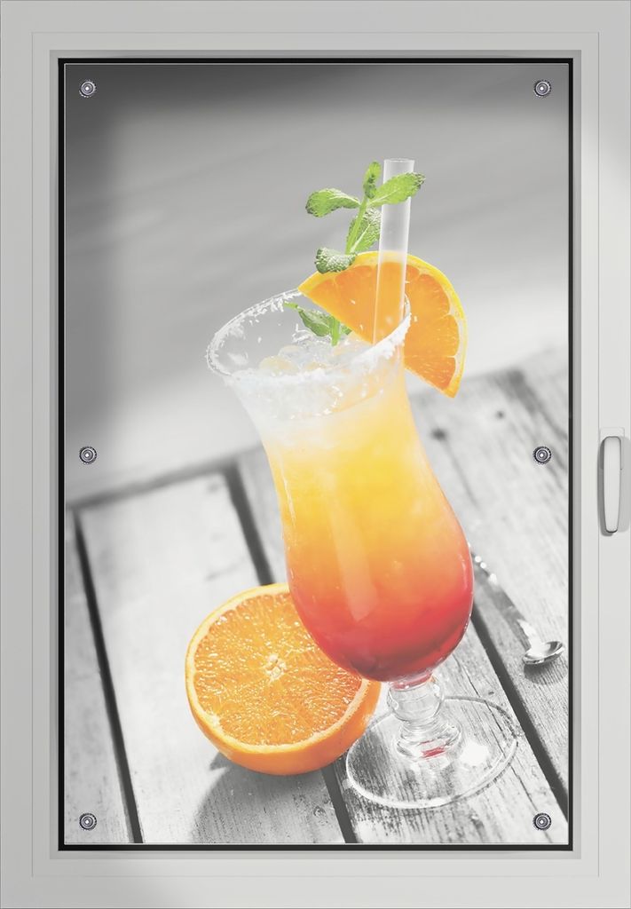 Wallario Lichtschutzbild, Dekorativer Sichtschutz Sonnenschutz 60 x 93 cm mit Motiv: Bunter Cocktail am Pool mit Hintergrund in schwarz weiß - Ver...