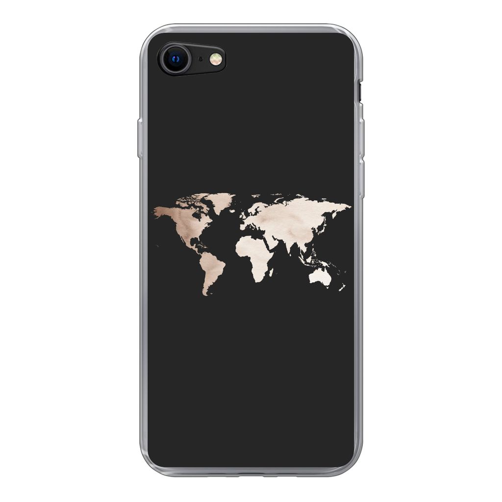MuchoWow Handyhülle Schutzhülle Hülle für iPhone SE 2022 Weltkarte - Leder - Schwarz Silikon Softcase Handy Hülle - Schutzhülle