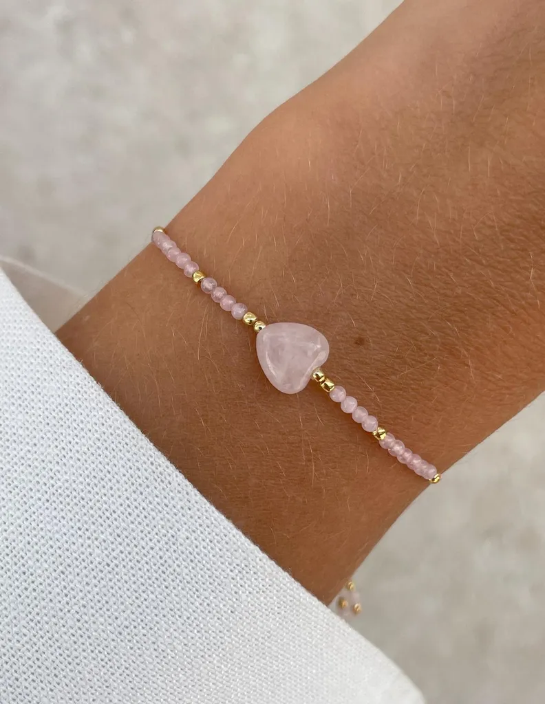 Bracelet quartz rose cœur sensibilité et courage ajustable en fil