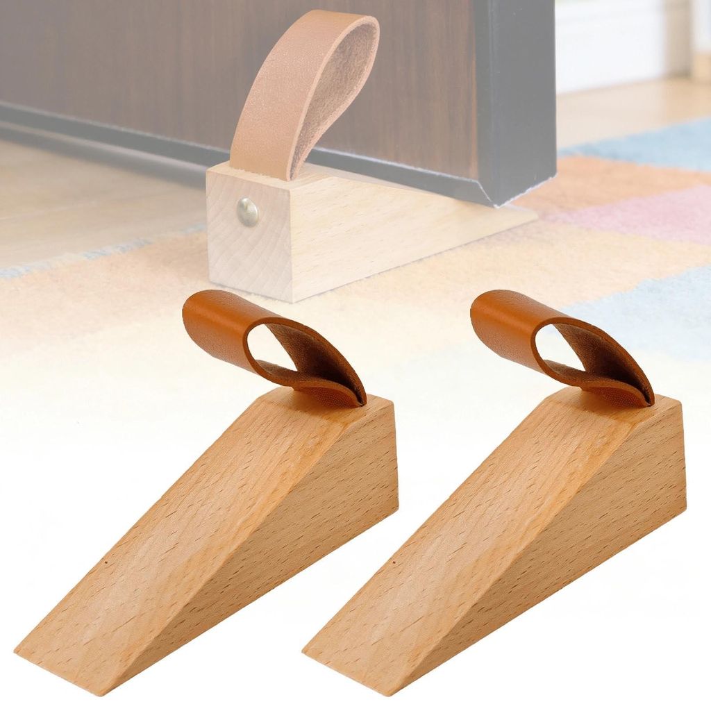 Türstopper aus Buchenholz, 2 Stück, mit rutschfester Silikonunterseite, 112 mm x 35 mm, mit Ledergriff, für Türspalten von 5 bis 30 mm