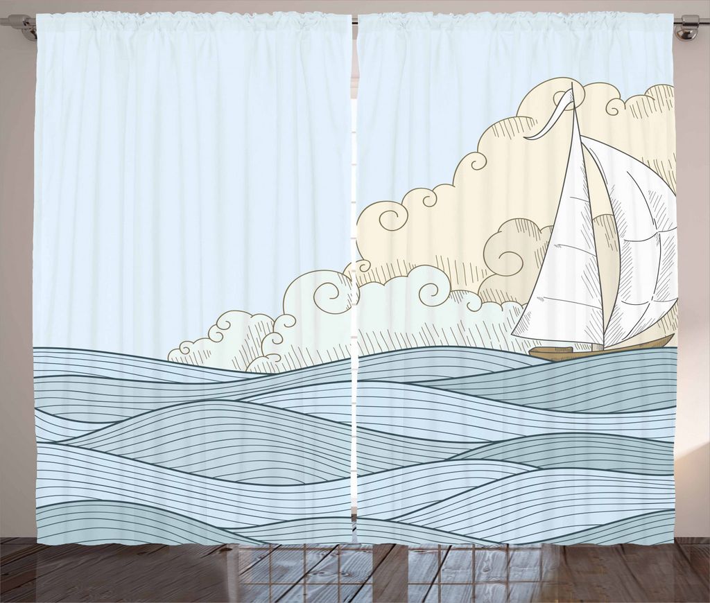 ABAKUHAUS Vintage Boat Rustikaler Vorhang, Doodle Stil Ozean, Wohnzimmer Universalband Gardinen mit Schlaufen und Haken, 280 x 225 cm, Babyblau Creme