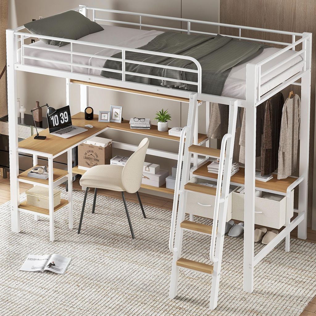 STILVORA Hochbett 90×200 mit Stoffaufbewahrungsboxen,Jugendbett Kinderbett mit Schreibtisch,Bettgestell mit Aufbewahrungsregal,ohne Matratze,Weiß...