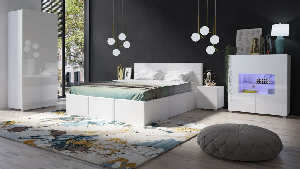 Schlafzimmer Komplett Set 5 tlg LABRI Weiss- Weiss Hochglanz