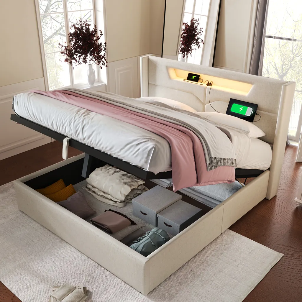 Lit double rembourré 140x200cm Flieks beige avec sommier et prise USB