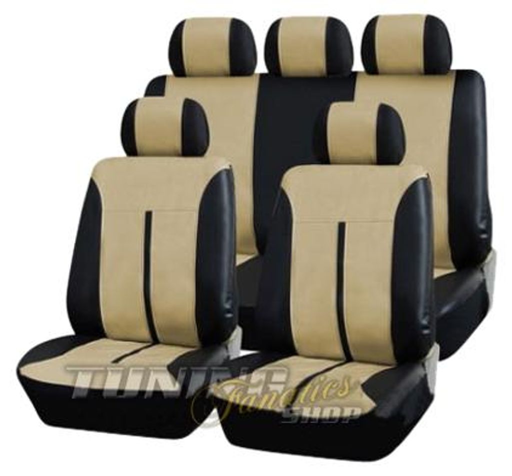 Premium Kunstleder Sitzbezug Auto Sitzbezüge Schwarz-Beige Produktbild 