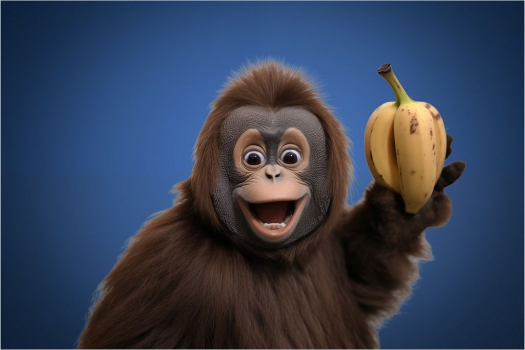 Wallario Poster - Lustiger Affe mit Bananen, Kunstdruck Größe: 61 x 91,50 cm