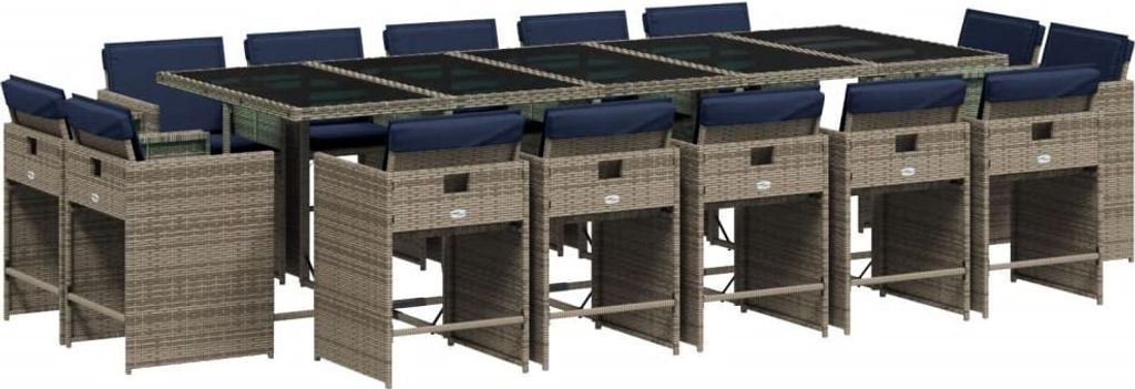15-teiliges Garten-Ess-Set mit Kissen, grau, Polyrattan