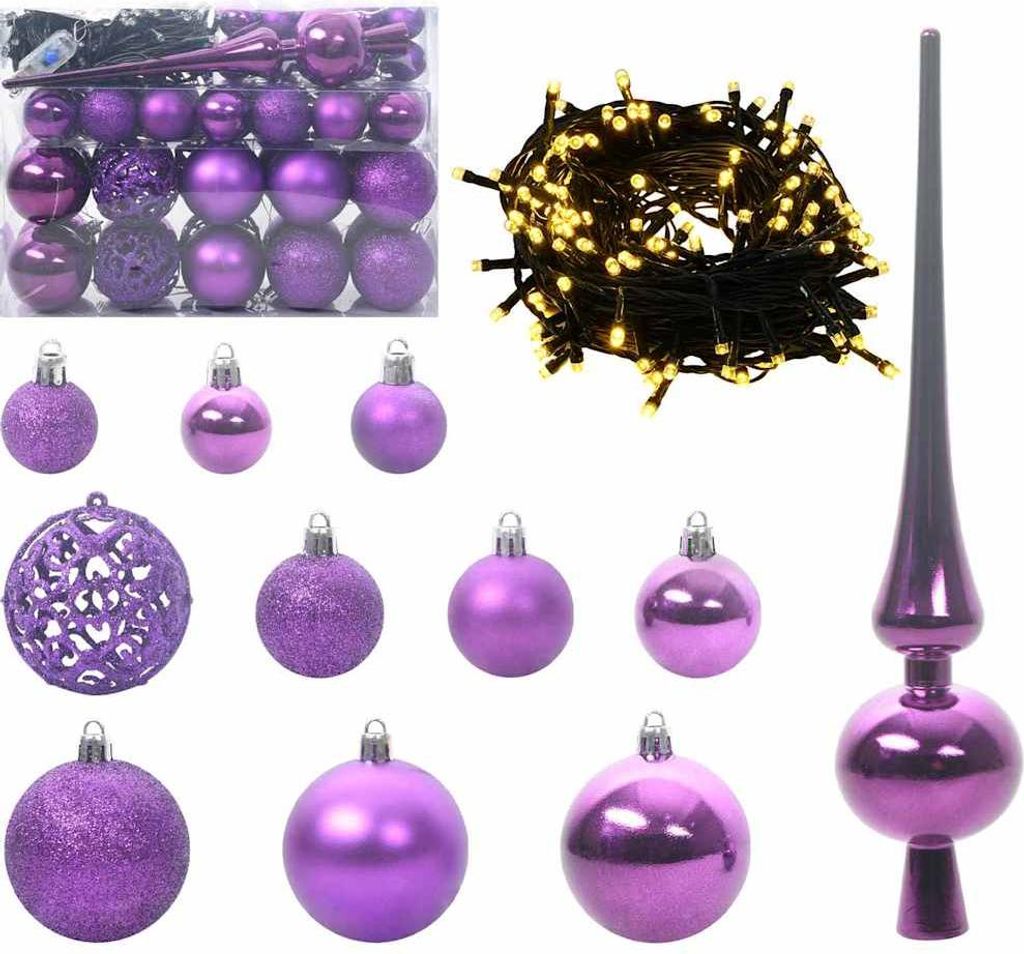 A collection of purple Christmas ornaments and string lights.