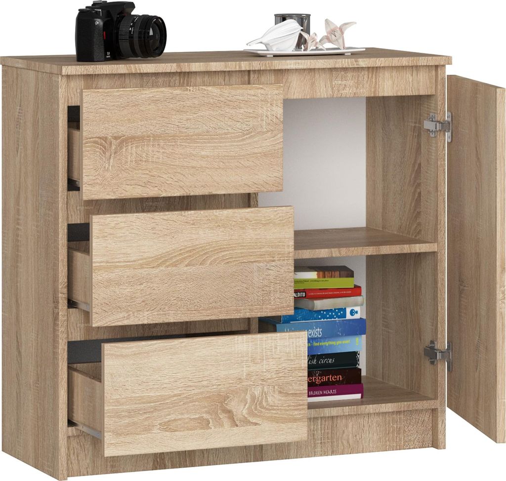 BDW, Kommode, 3 Schubladen, 1 Tür, Schrank, Sideboard, Eiche Sonoma