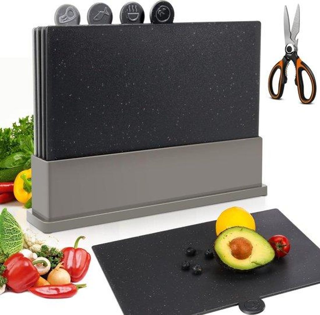 Kunststof-Schneidbrett mit integrierter Schere - Antibakteriell - Chopping Board für sicheres Schneiden von Gemüse und Kräutern - Waschmaschinen...