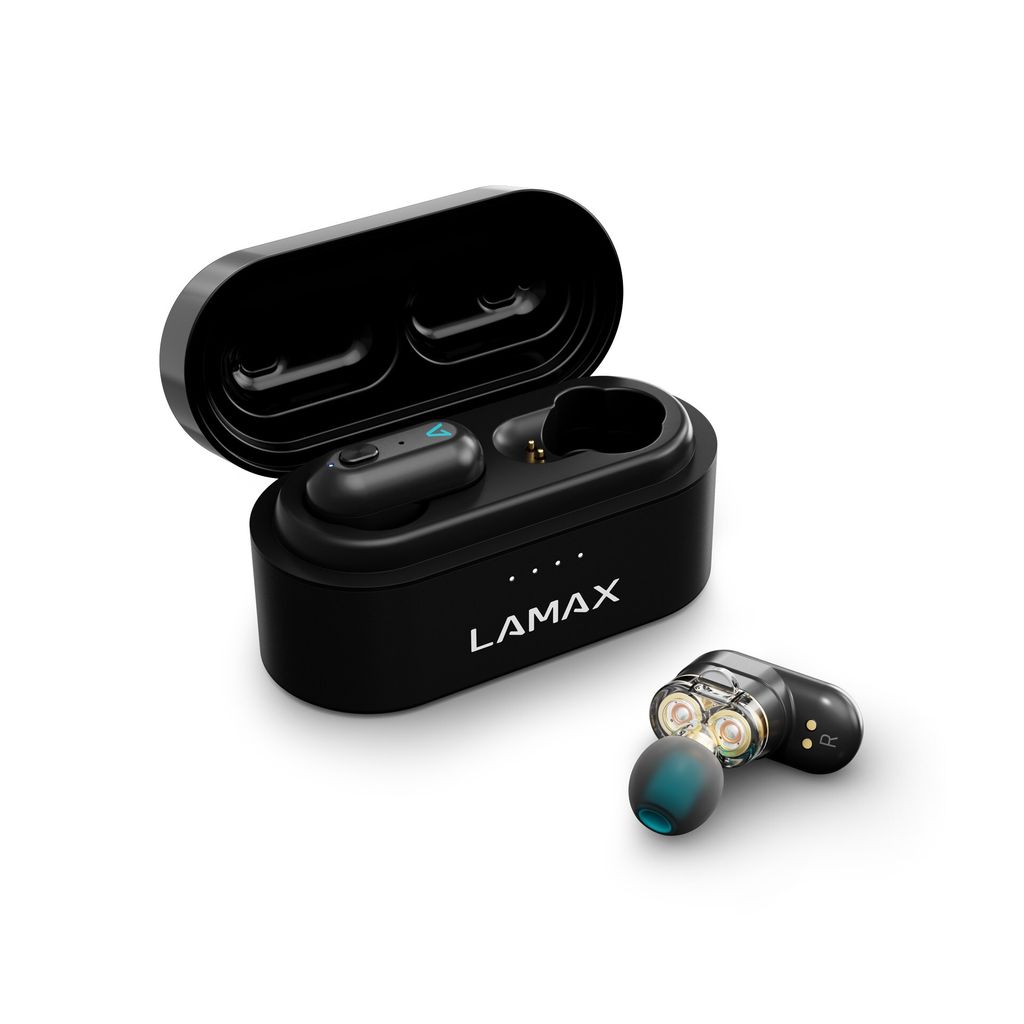 A pair of black wireless earbuds and their charging case are displayed on a white background.