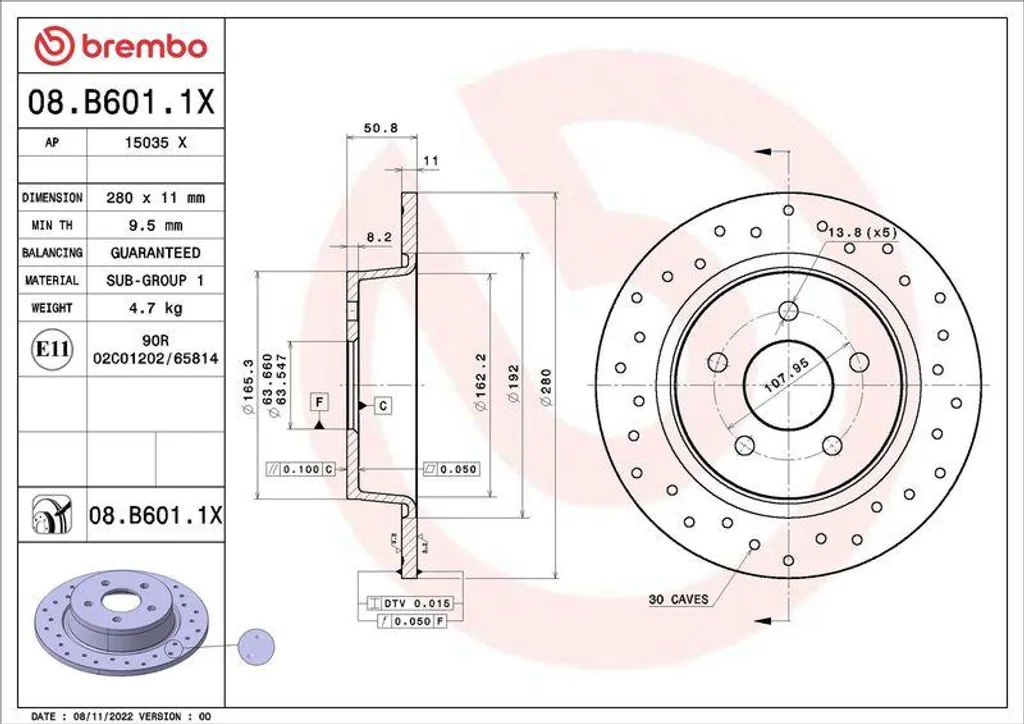 Disque de Frein Anti-Vibration Brembo 08.B601.1X pour Ford Transit 1683383