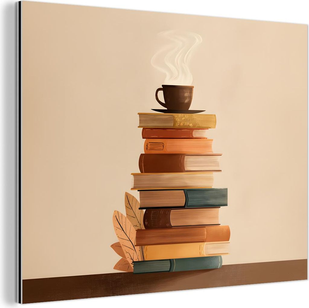 MuchoWow Wanddekoration Metall Metallbild Wandkunst 40x30 cm Bücher - Turm - Kaffee - Beige MuchoWow Aluminium Gemälde - Dekoration Wohnzimmer