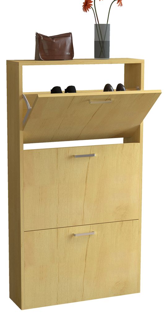 A light wood shoe cabinet with two flip-down drawers, a top shelf with a handbag and flowers in a vase.