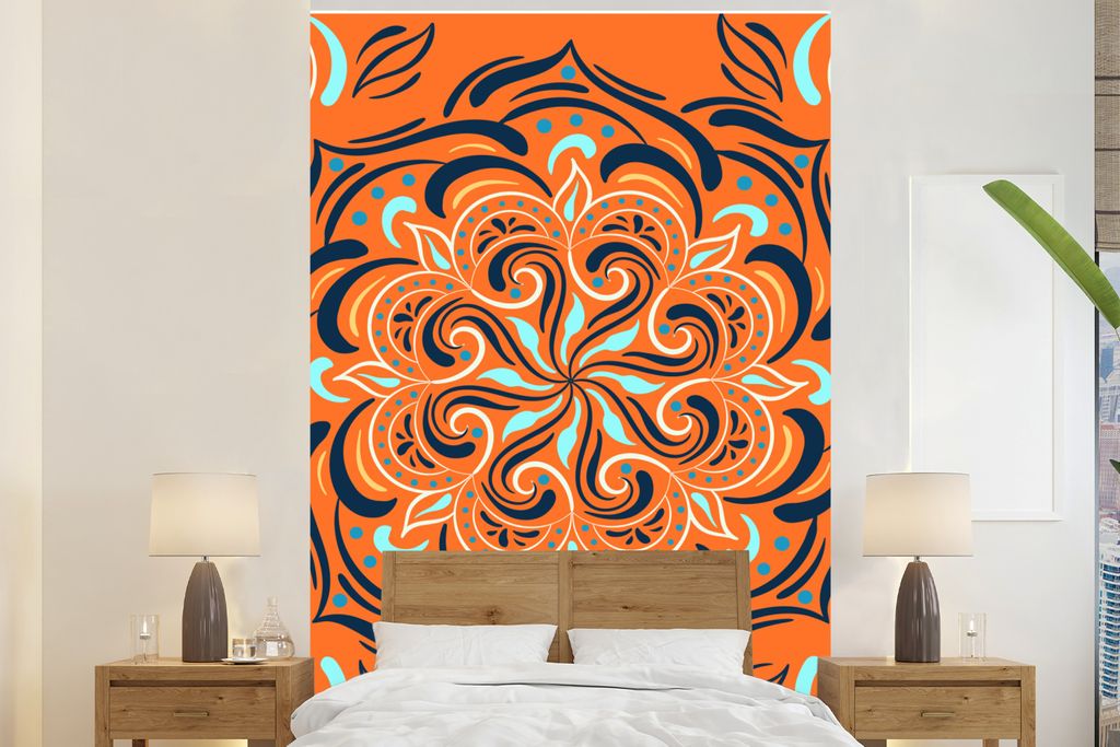 MuchoWow Fototapete für Wohnzimmer oder Schlafzimmer Wandtapete Vinyl Motivtapete Blume - Blätter - Orange - Muster - 145x220 cm - Wanddekoration