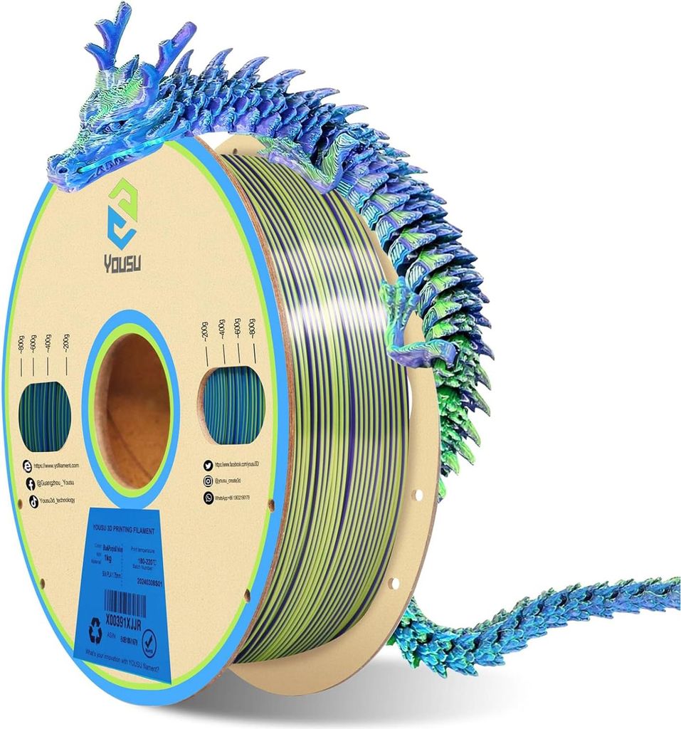 YOUSU Silk PLA Filament für 3D-Drucker, 1,75 mm Durchmesser, Dreifarben-Coextrusionsfilament, Genauigkeit +/- 0,03 mm, 3D-Druckmaterialspule, gute...