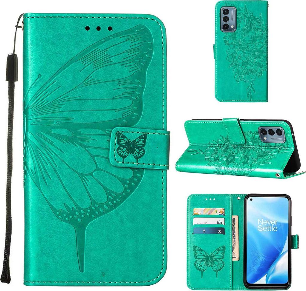 OnePlus Nord N200 5G Hülle, Schmetterling Prägung Flip Leder Kartenfächer Schutzhülle Ledertasche mit Ständer für OnePlus Nord N200 5G Grün