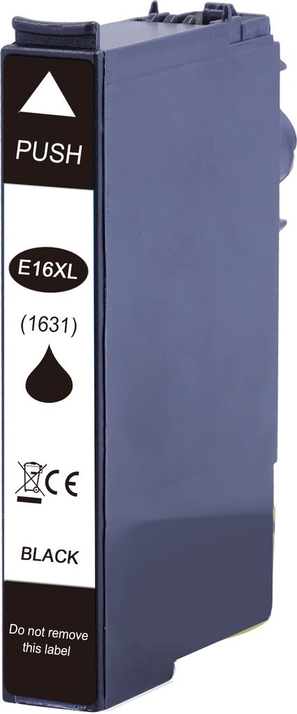A black ink cartridge with labels and symbols.