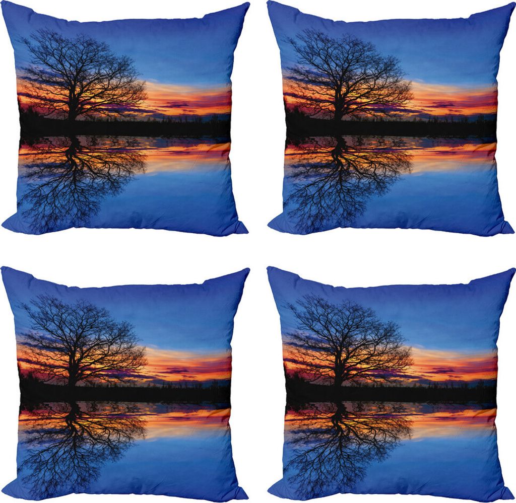ABAKUHAUS Natur Kissenbezug Set (4 Stück), Natur Dämmerung, Moderner Doppelseitiger Digitaldruck, 60 cm x 60 cm, blau orange