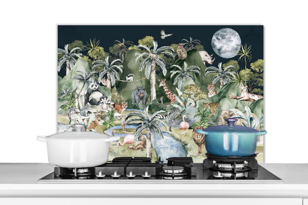 KitchenYeah Spritzschutz Küche - Küchenrückwand - Wandschutz für Herd und Spüle - Kinder - Dschungel - Natur - Tiere - Pflanzen 90x60 - Alu-...