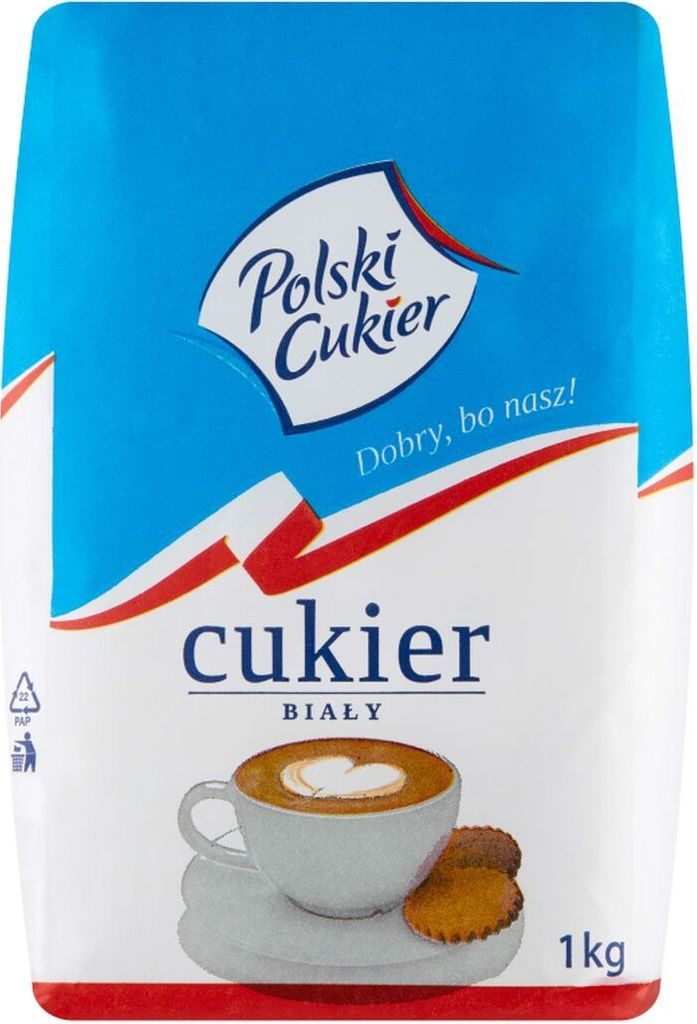 A bag of white sugar with a picture of coffee and cookies.