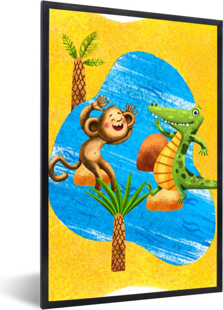 MuchoWow MuchoWow Gerahmtes Poster Affe - Krokodil - Wasser - Palme 40x60 cm - Poster mit zchwarzem Bilderrahmen - Papierdruck - Wandbilder