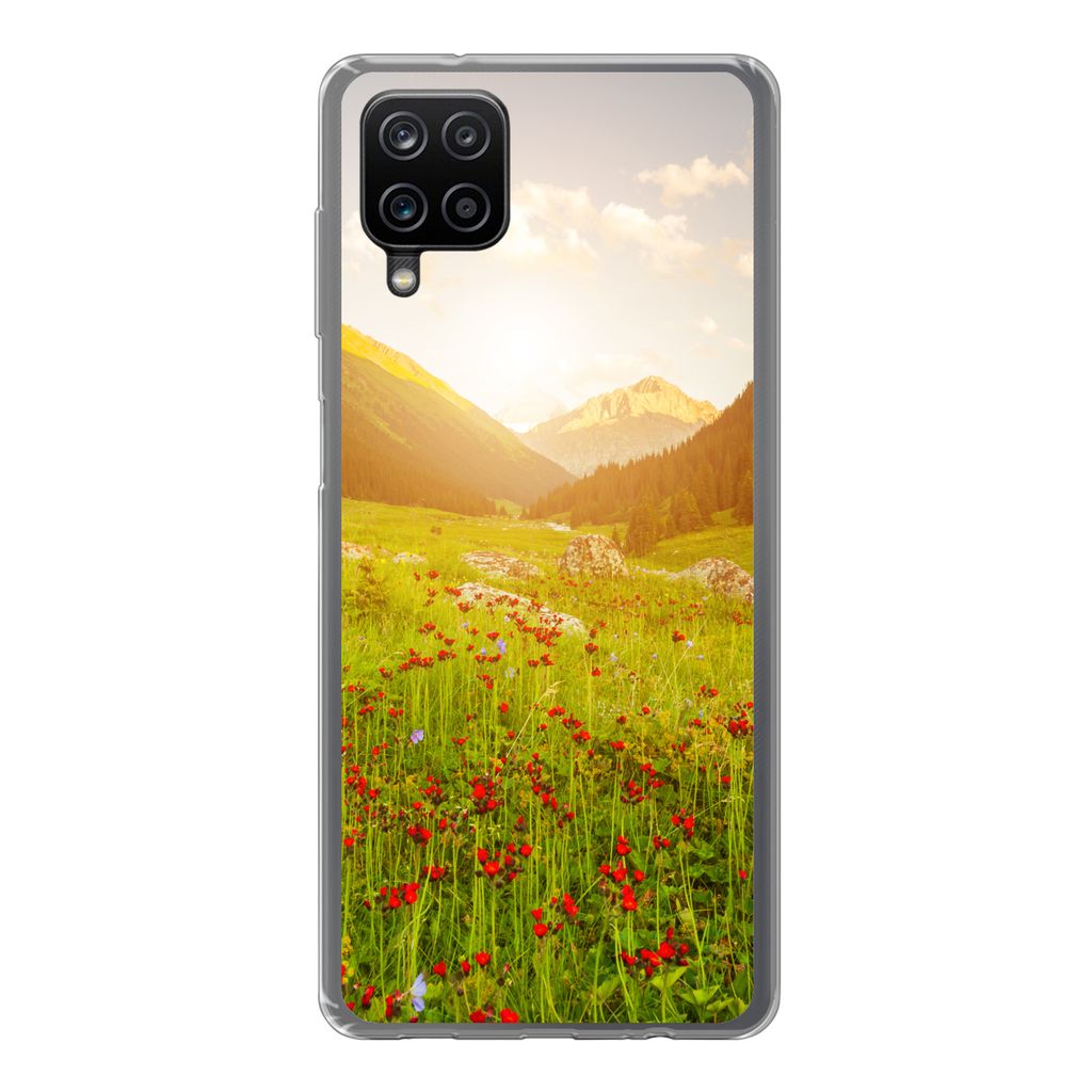 MuchoWow Handyhülle Schutzhülle Hülle für Samsung Galaxy A12 Blumen - Berg - Sonne Silikon Softcase Handy Hülle - Bild