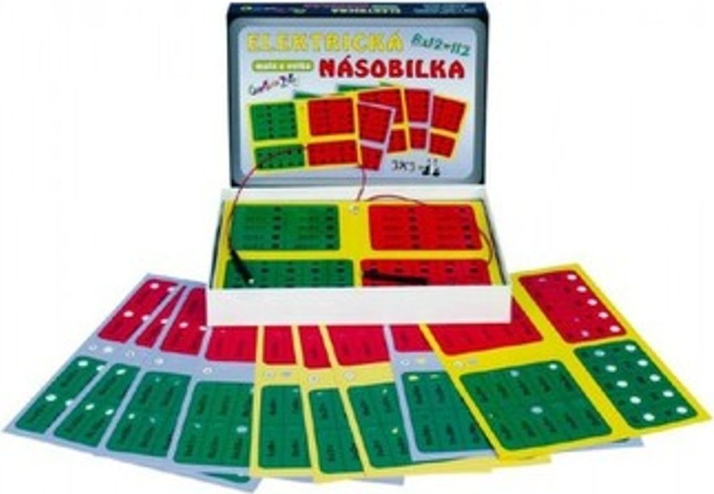 A product box for an educational toy called 'Elektrická Násobilka' is open, with various colorful components spread out in front of it.