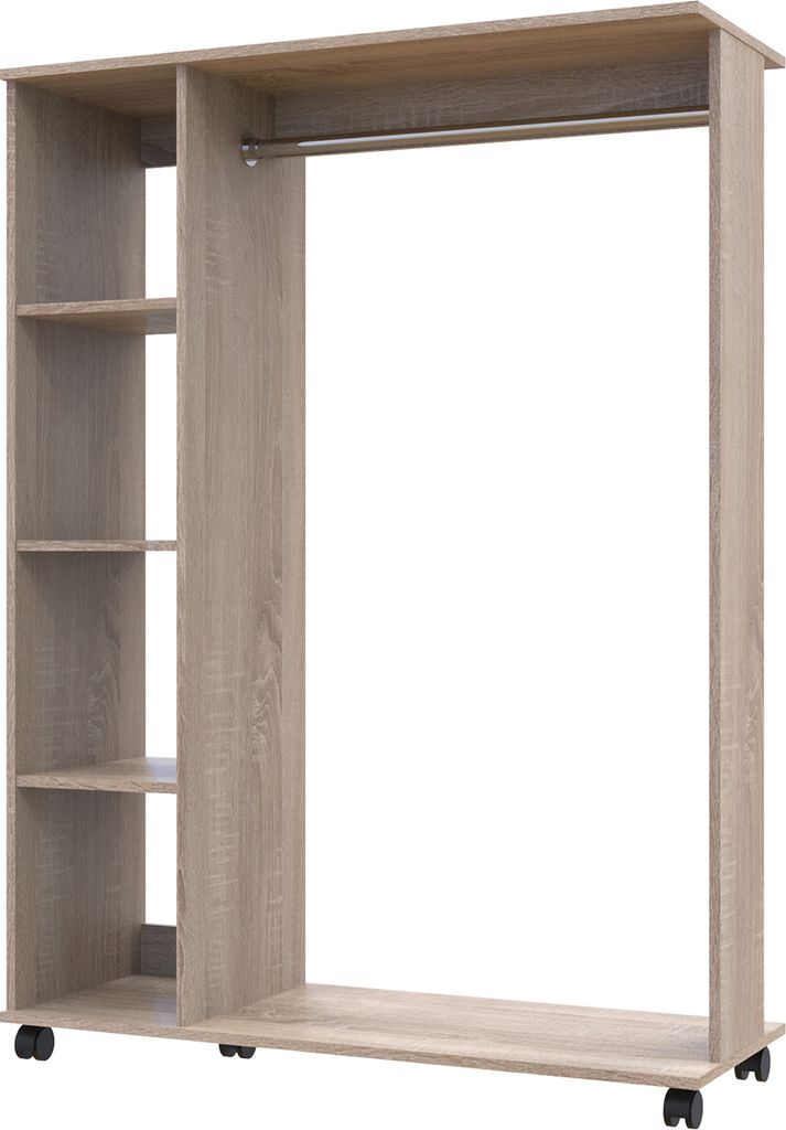 A product shot of a wardrobe organizer with shelves and a hanging rod.