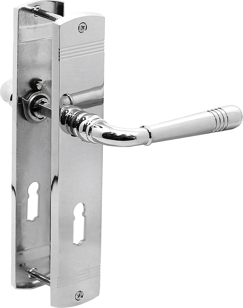 A close-up studio shot of a silver and white door handle set against a white background.