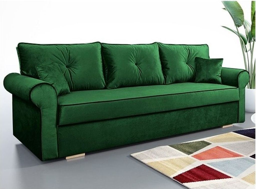 Schlafsofa TOP, Sofa mit Schlaffunktion und Bettkasten, Klappsofa, Schlafcouch mit schwarzen Knöpfen, Couch in Frabe: Grün, Couchgarnitur: Velour...