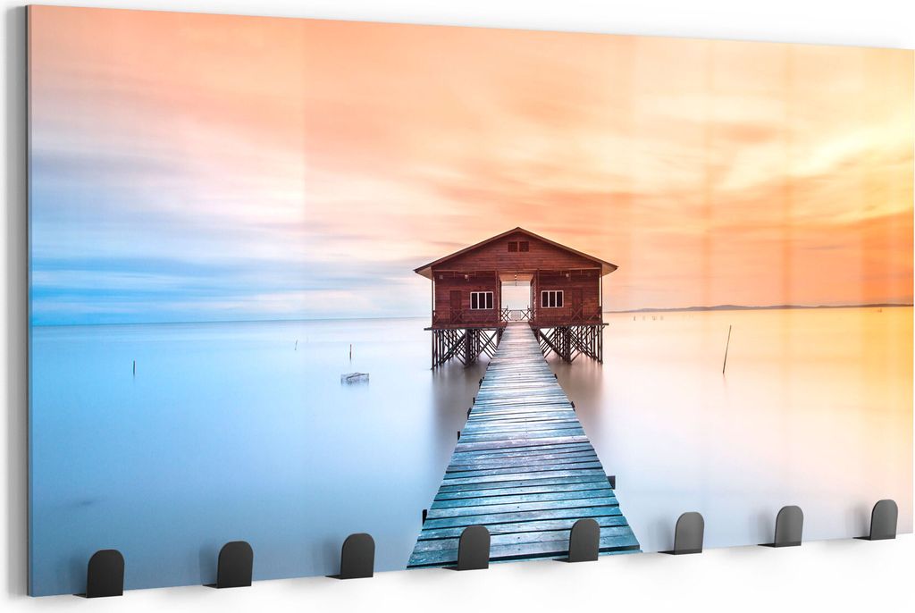 DEQORI Kleiderhaken Glas 60x30 cm 'Holzsteg mit Hütte' Wand Garderobe beschreibbar