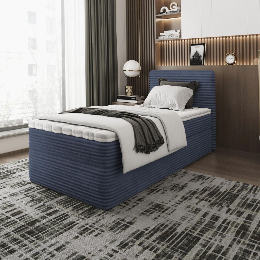 Bett, Boxspringbett, Continentalbett ZENO MINI mit Bonell Matratze, T25 Topper, Einzelbett mit Container, H3 80x200 cm, (Dunkelblau - Tilia 77)