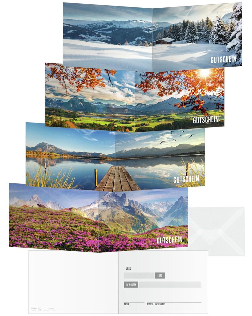 SIGEL DS619 Gutschein-Karten "Mountain landscapes by seasons" - A6 - 12 Karten inkl. transparente Umschläge