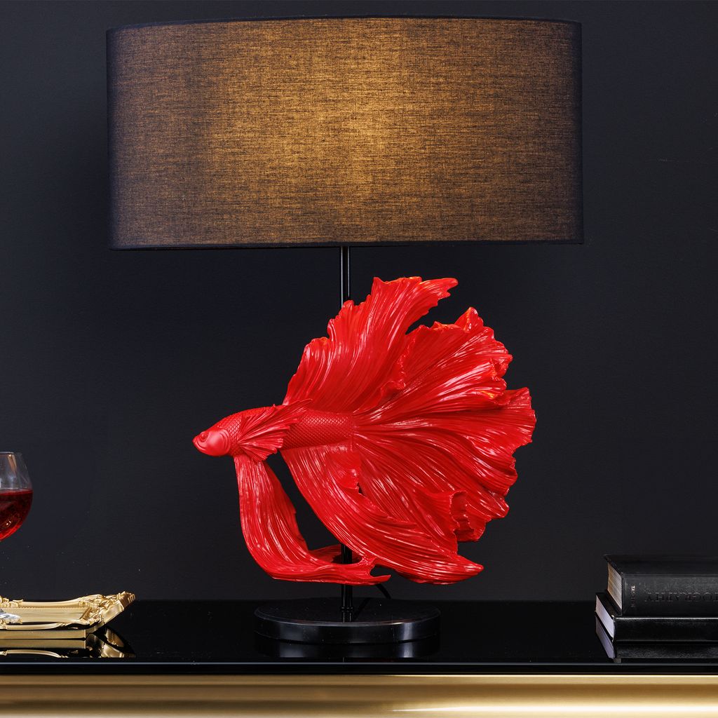 riess-ambiente Design Tischlampe CROWNTAIL 65cm schwarz rot Stoffschirm Marmorfuß Tischleuchte Lampe Leuchte