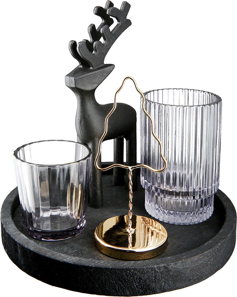 Gilde 4er Ensemble auf Tablett Windlicht & Figur "Golden Tree" 55693