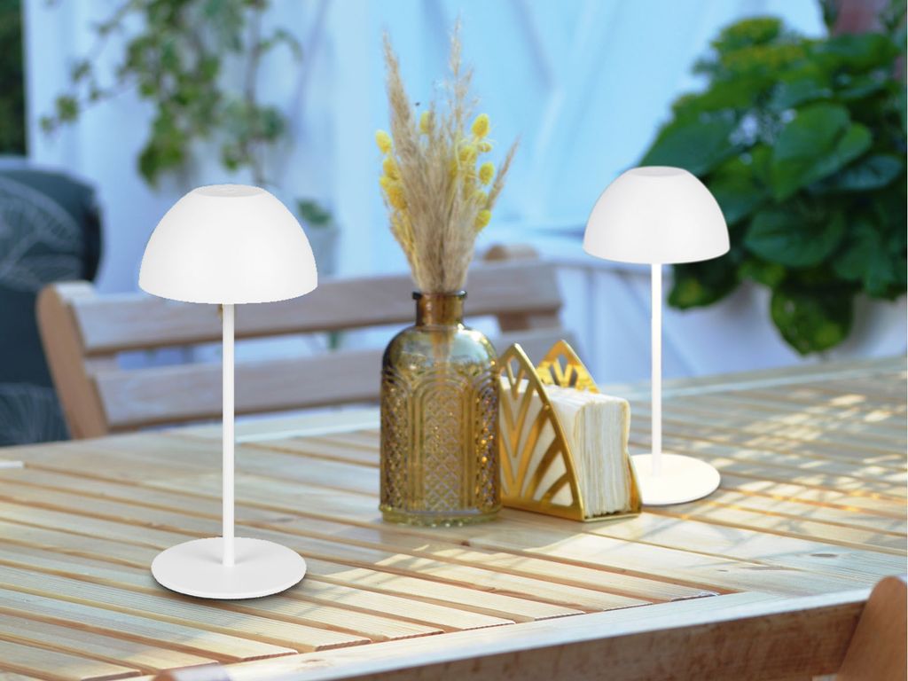 2er SET kabellose Akku LED Outdoor Tischlampen in Weiß - Pilzlampen 20cm klein