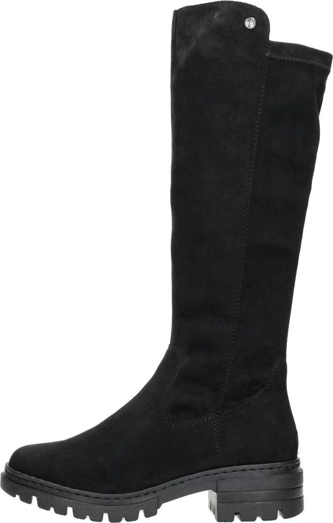 A studio shot of a single black boot.