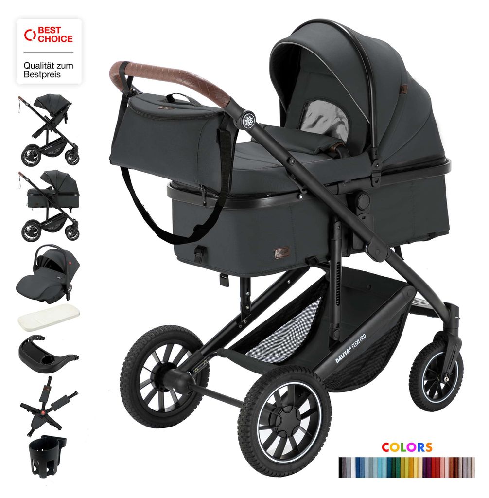 Daliya FLEXI-PRO M 3in1 Kinderwagen & Buggy mit i-Size Babyschale, Memory-Knöpfe, Kinderwagen mit Auto-Babyschale, Leicht, Großer Einkaufskorb