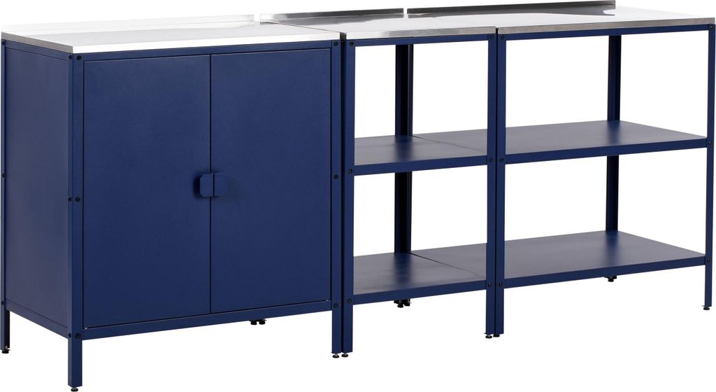 BELIANI Outdoor-Küche Blau Stahl 3er Set mit Edelstahlplatte Modern für Garten Draußen Ausstattung Outdoor-Küchenmöbel Gartenküche